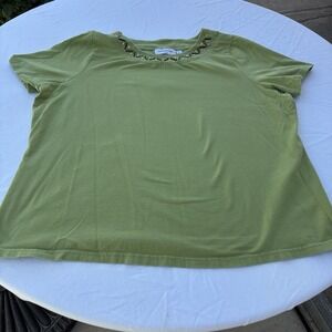Breckenridge‎ T Shirt Womens 2X Green Short Sleeve Crew Decorative Front Neck